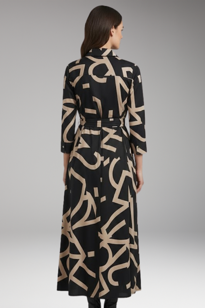 Women's A-Line Dress with Folded Collar and Fashion Print