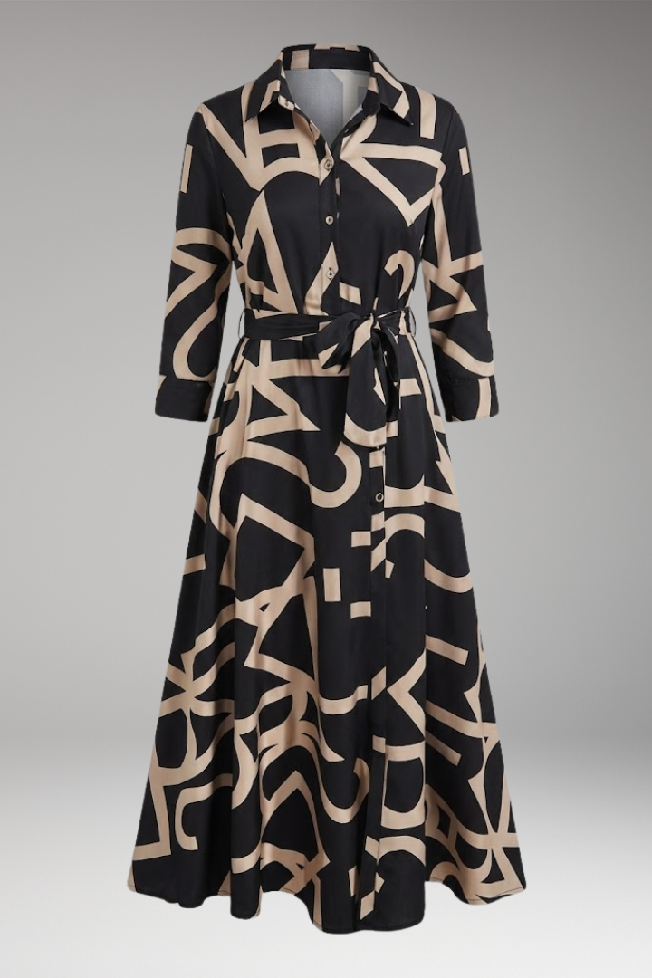 Women's A-Line Dress with Folded Collar and Fashion Print