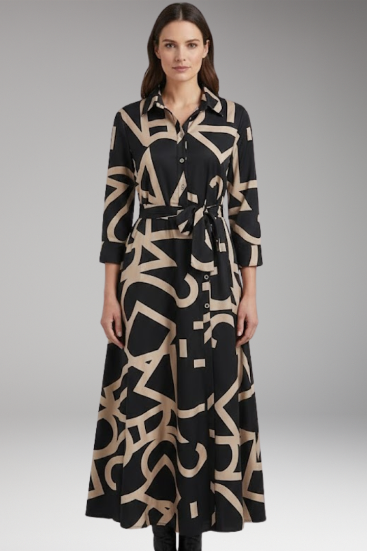 Women's A-Line Dress with Folded Collar and Fashion Print