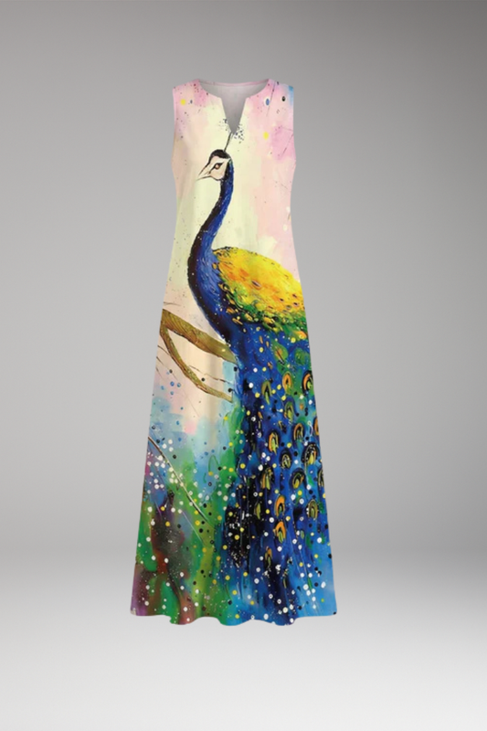Women's A-Line Dress with Open Collar and Butterfly Print