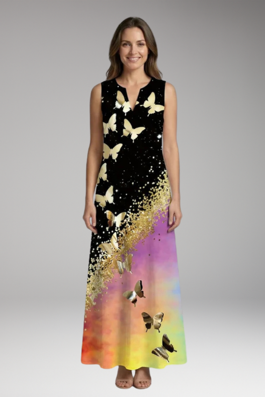 Women's A-Line Dress with Open Collar and Butterfly Print