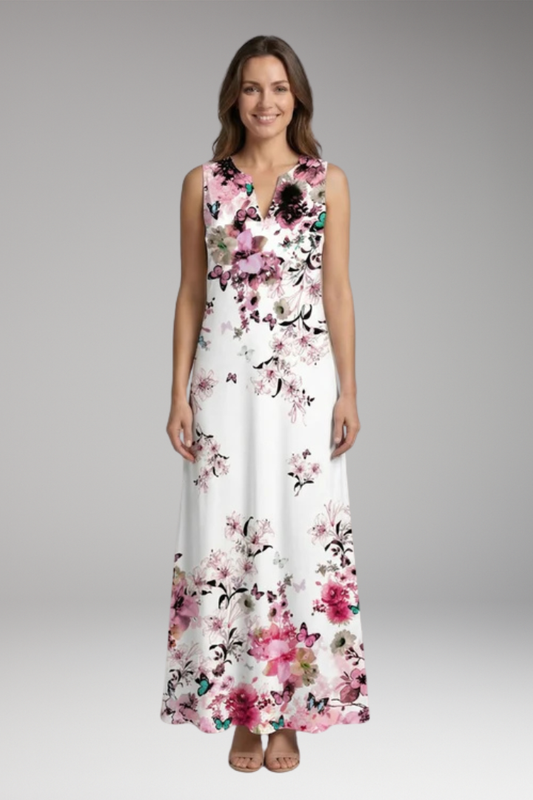 Women's A-Line Dress with Open Collar and Butterfly Print