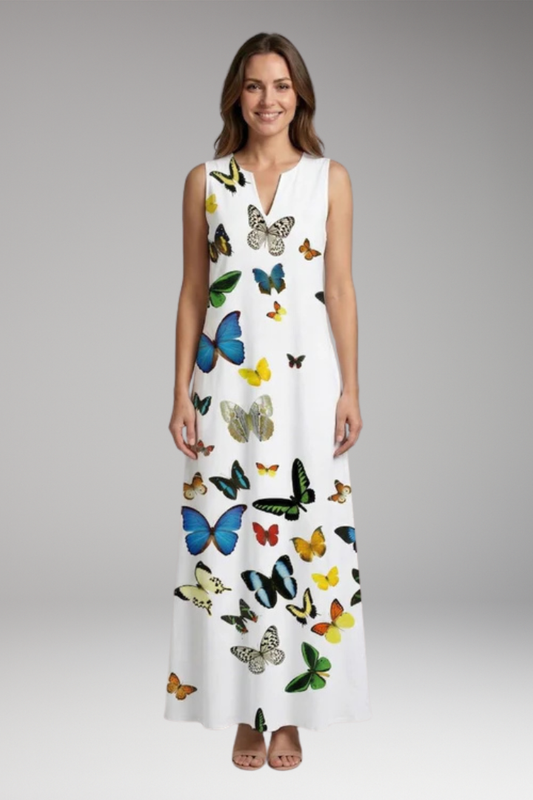 Women's A-Line Dress with Open Collar and Butterfly Print