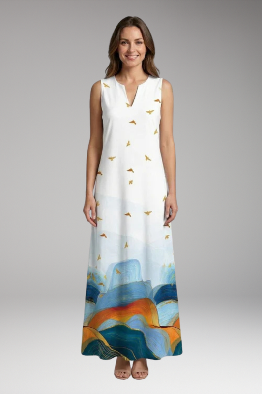 Women's A-Line Dress with Open Collar and Butterfly Print