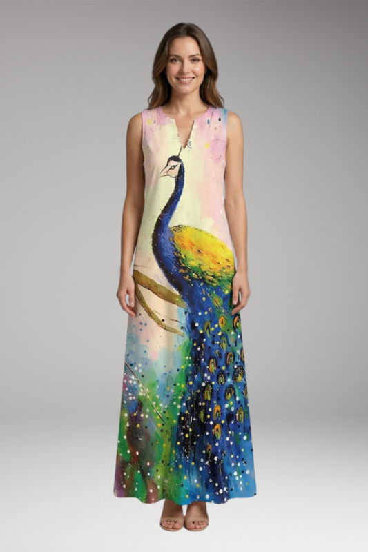 Women's A-Line Dress with Open Collar and Butterfly Print