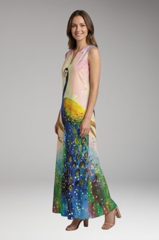 Women's A-Line Dress with Open Collar and Butterfly Print