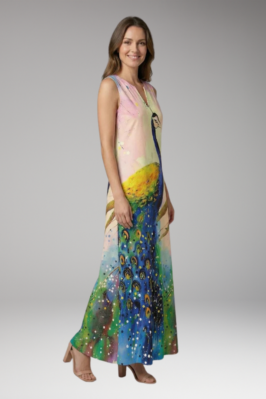 Women's A-Line Dress with Open Collar and Butterfly Print
