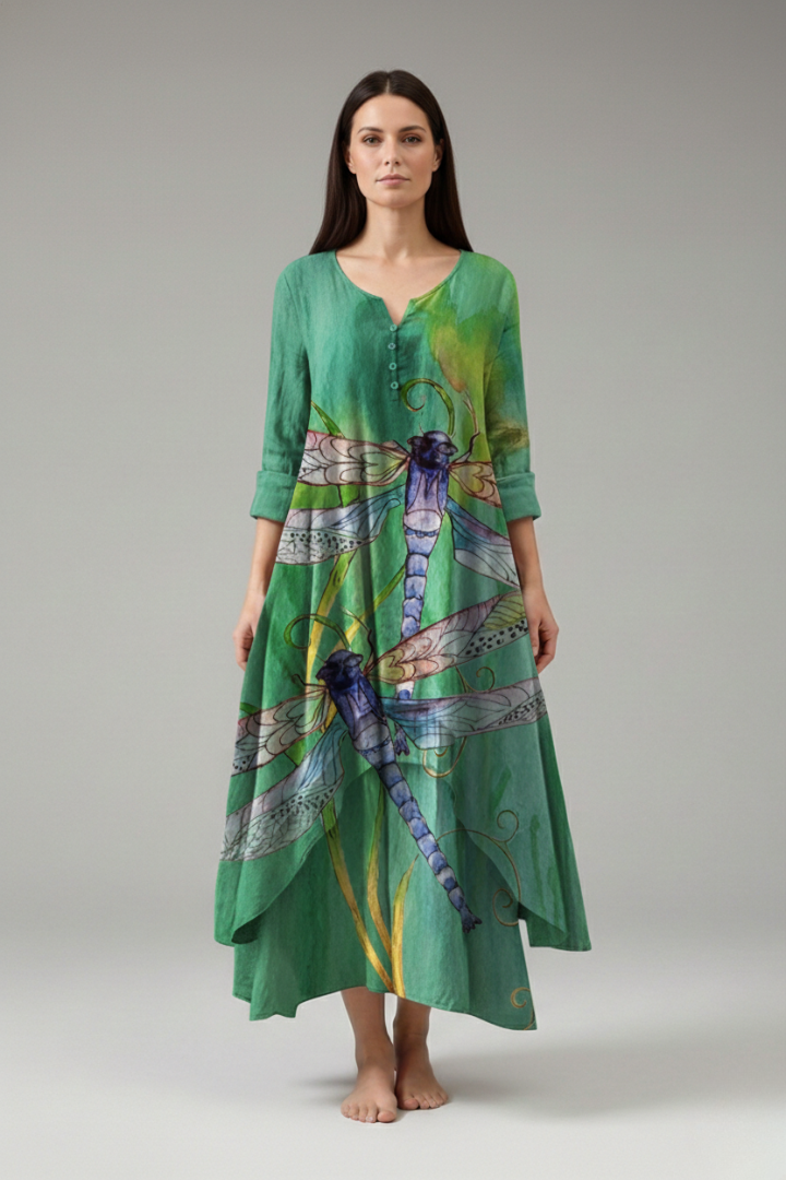 Women's A-Line Dress with Vintage O-Neck and Pockets