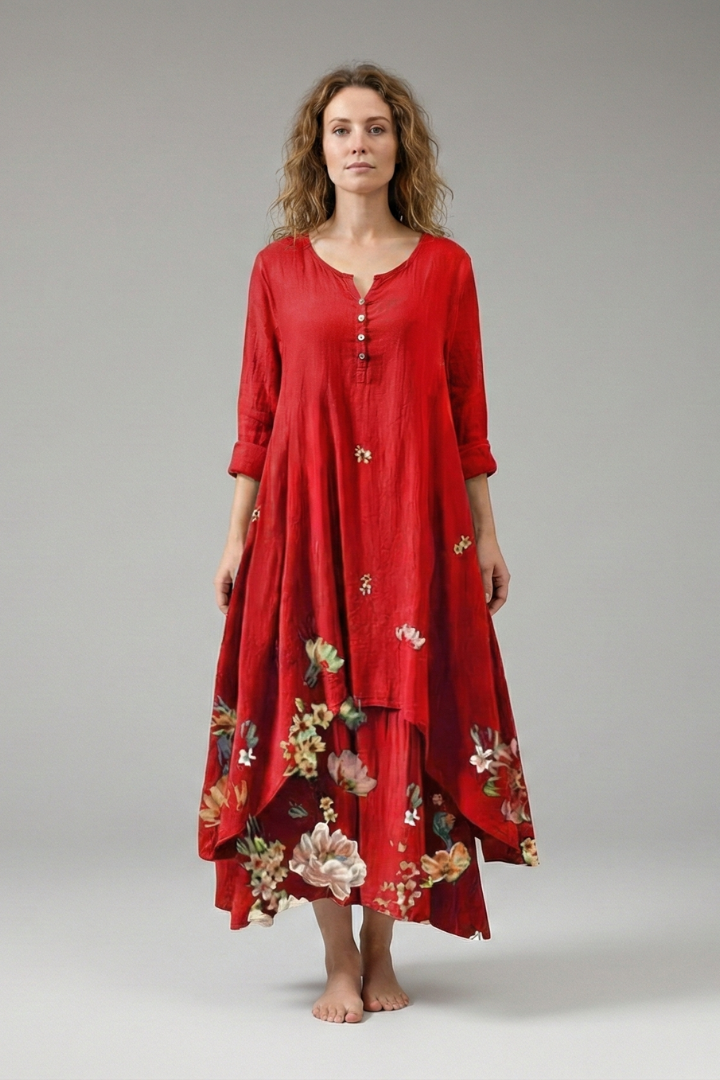 Women's A-Line Dress with Vintage O-Neck and Pockets