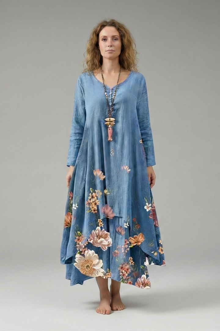 Women's A-Line Dress with Vintage O-Neck and Pockets