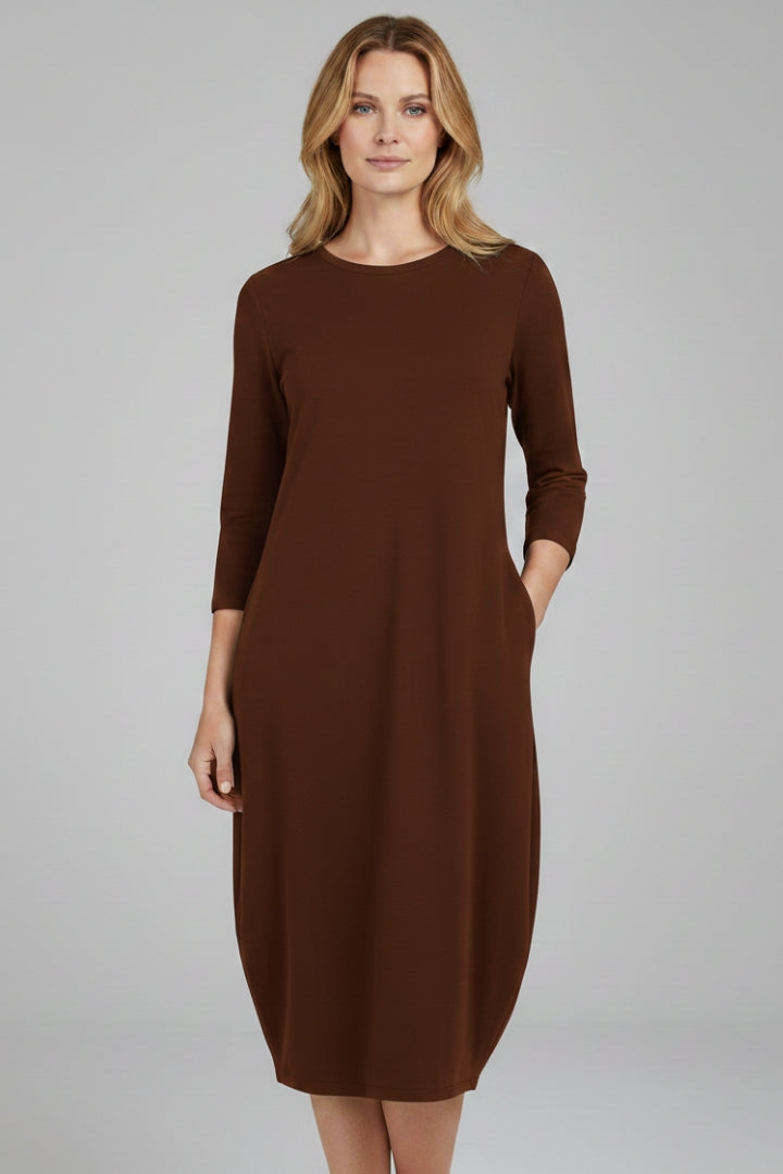 Women's A-Line Midi Dress with Round Neckline and Pocket