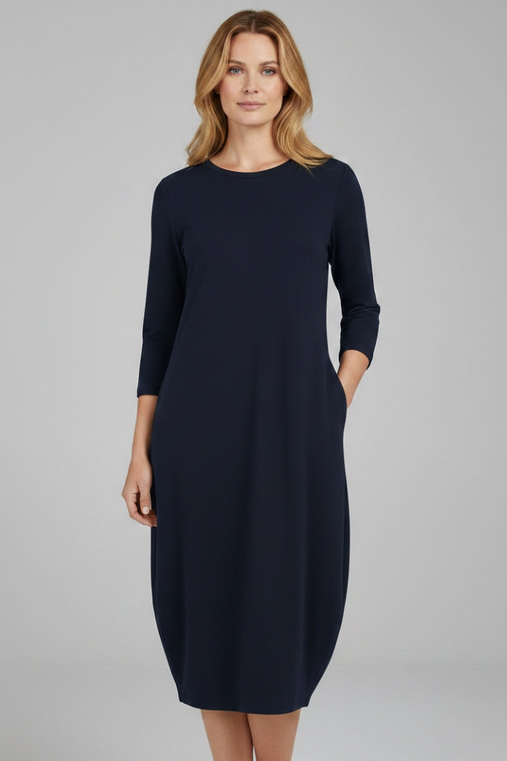 Women's A-Line Midi Dress with Round Neckline and Pocket