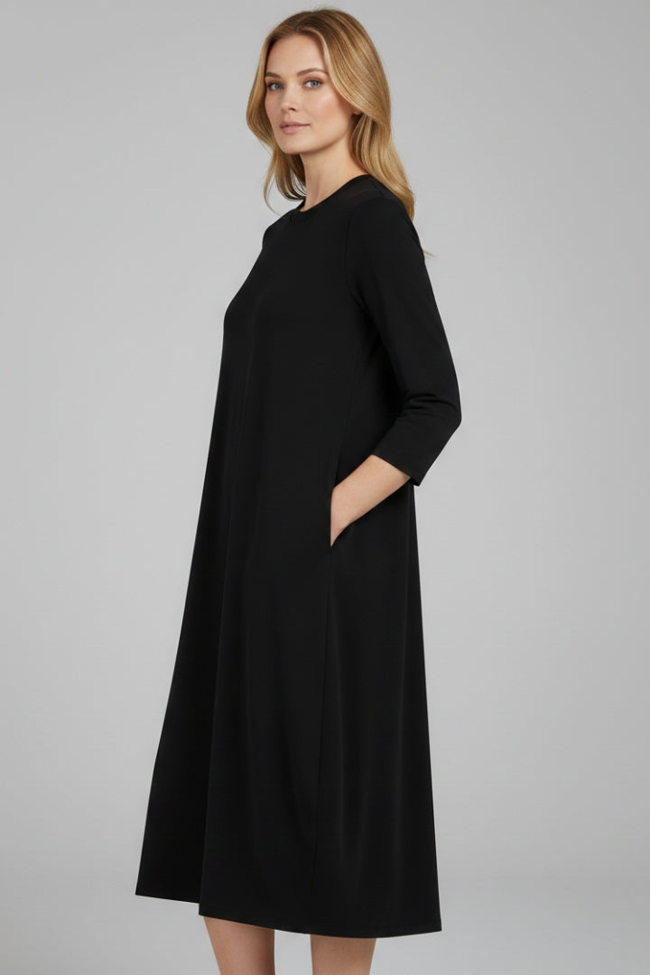 Women's A-Line Midi Dress with Round Neckline and Pocket