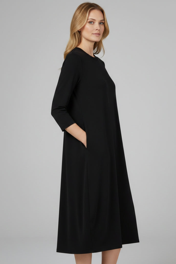 Women's A-Line Midi Dress with Round Neckline and Pocket