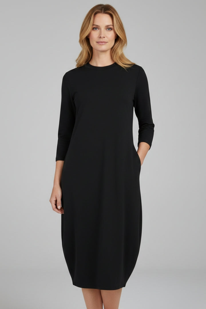 Women's A-Line Midi Dress with Round Neckline and Pocket