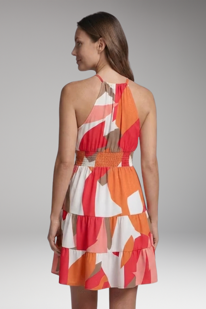 Women's Abstract Print Halter Neck Sleeveless Smocked-Waist Tiered Mini Dress