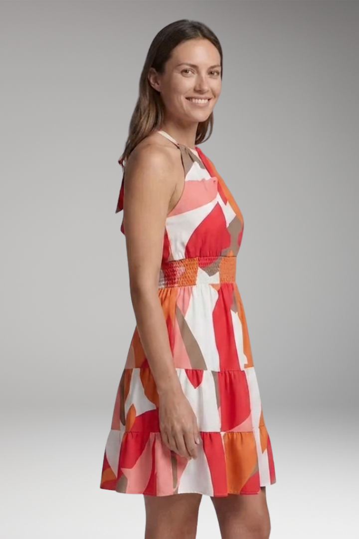 Women's Abstract Print Halter Neck Sleeveless Smocked-Waist Tiered Mini Dress