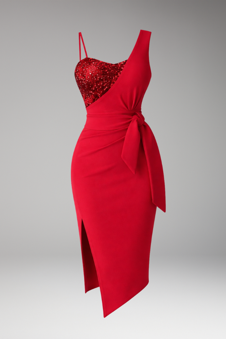 Women's Asymmetrical Dress with Figure-Hugging Fit and Sequin Details