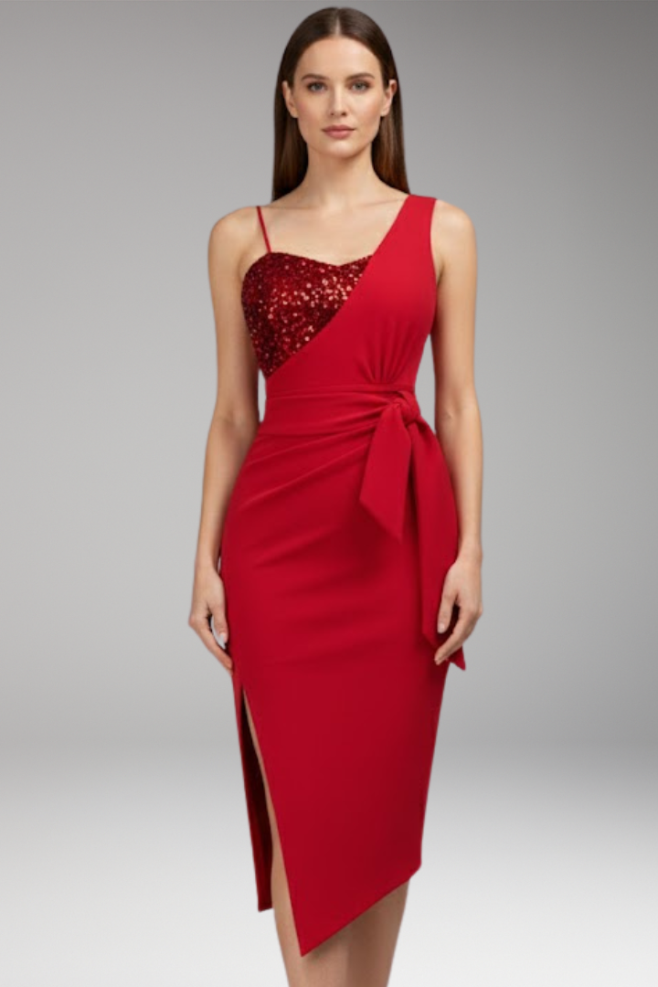 Women's Asymmetrical Dress with Figure-Hugging Fit and Sequin Details