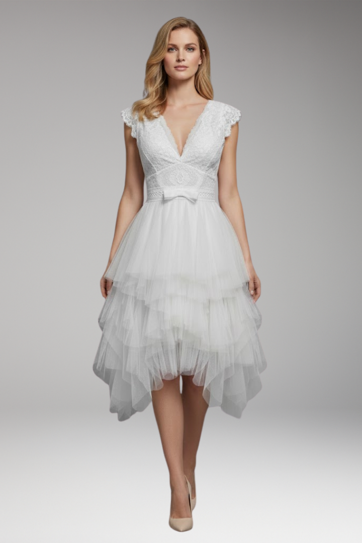 Women's Asymmetrical V-Neck Mesh Dress with Flowy Skirt