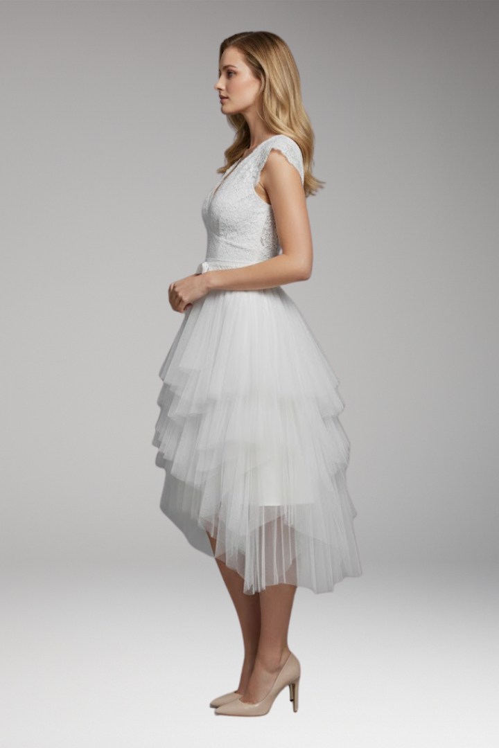 Women's Asymmetrical V-Neck Mesh Dress with Flowy Skirt