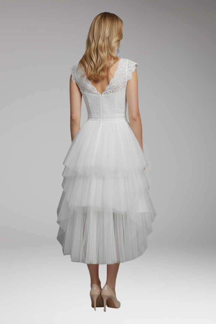Women's Asymmetrical V-Neck Mesh Dress with Flowy Skirt
