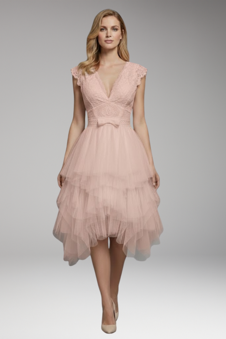 Women's Asymmetrical V-Neck Mesh Dress with Flowy Skirt