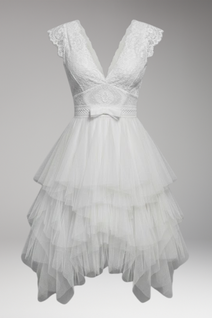 Women's Asymmetrical V-Neck Mesh Dress with Flowy Skirt