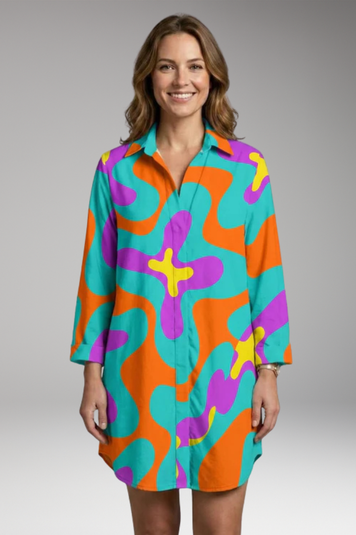 Women’s Beach Dress with Button-Down and Abstract Print