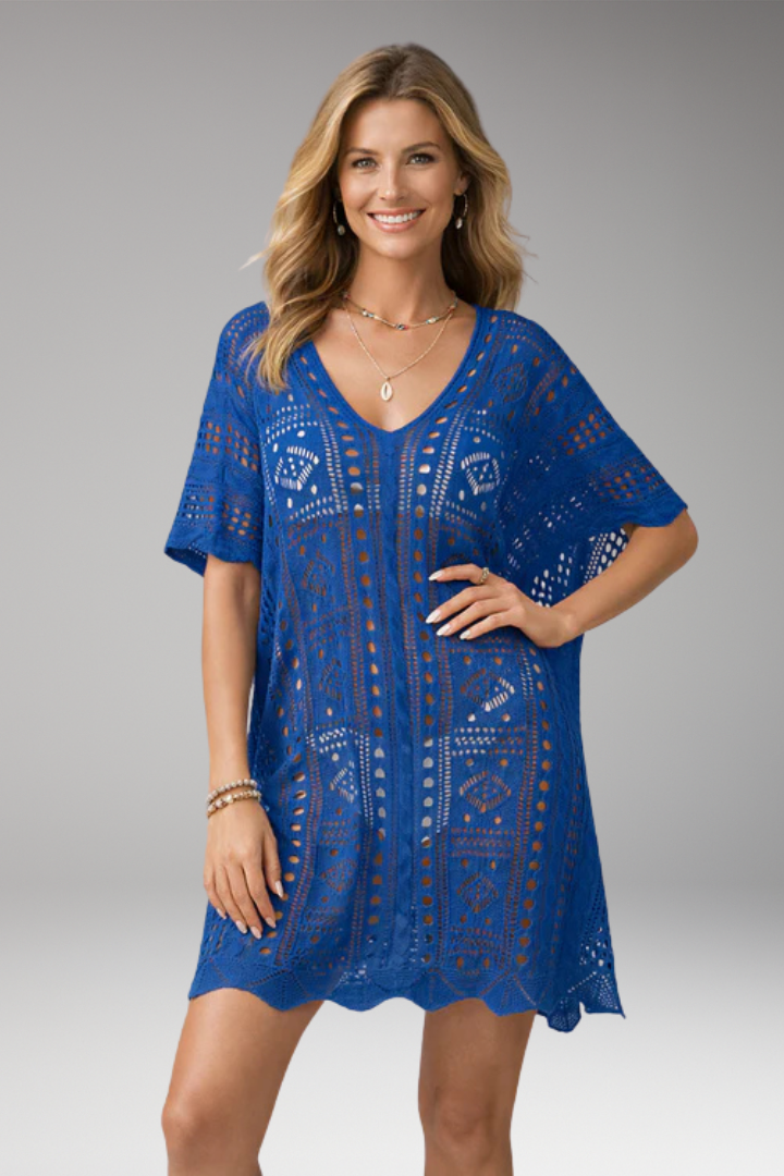 Women’s Beach Dress with Open-Knit Crochet and Short Sleeves