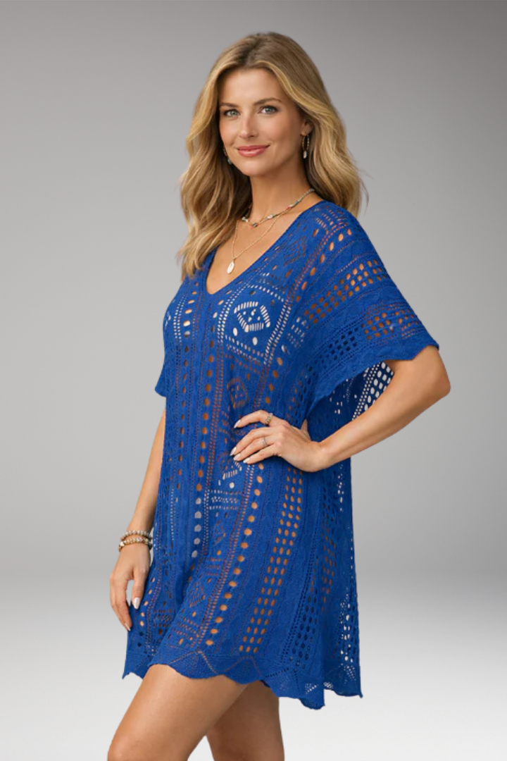 Women’s Beach Dress with Open-Knit Crochet and Short Sleeves