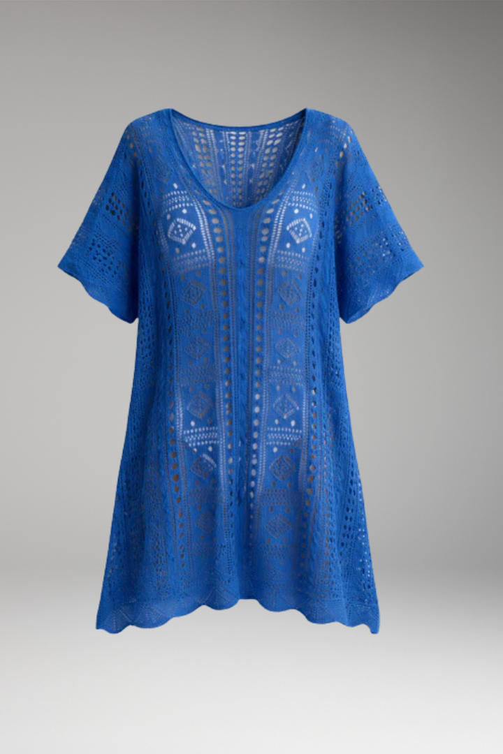 Women’s Beach Dress with Open-Knit Crochet and Short Sleeves