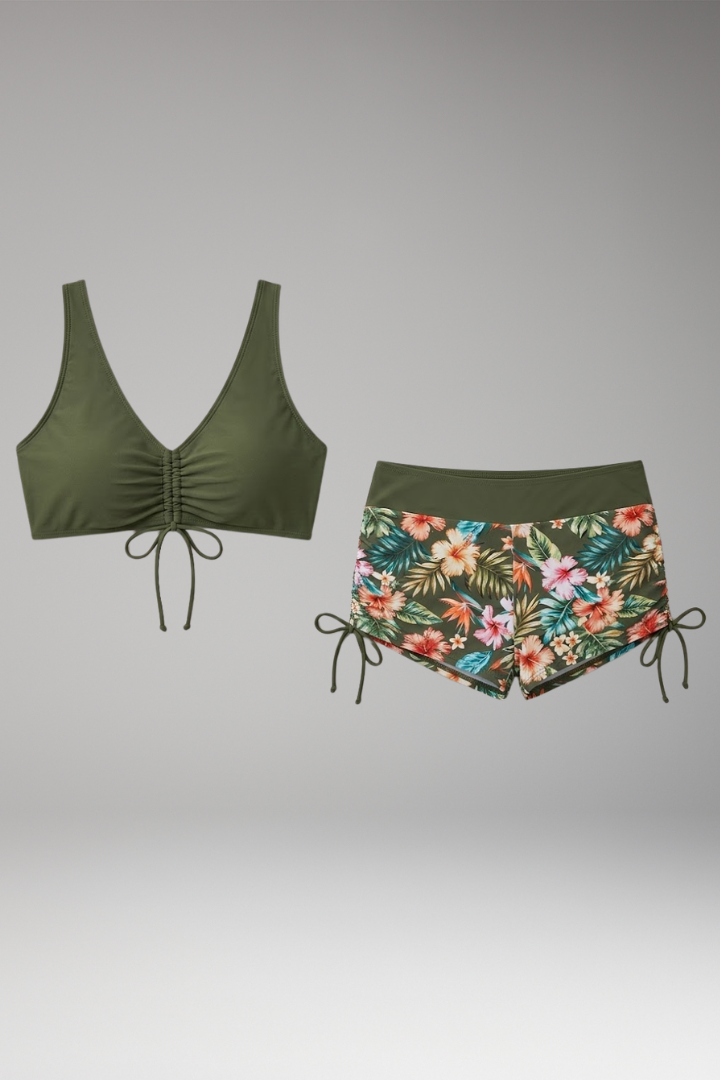Women's Bikini Set with Adjustable Tie Top and Floral High-Waisted Shorts