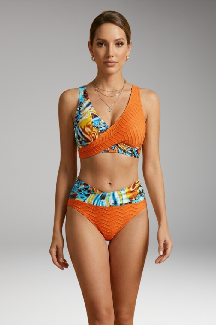 Women’s Bikini Set with Crossover Design and High-Waisted Bottoms