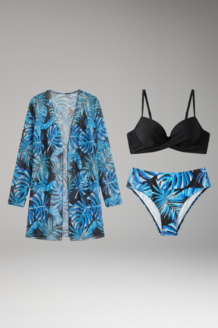 Women’s Bikini Set with High-Waisted Bottoms and Kimono Cover-Up