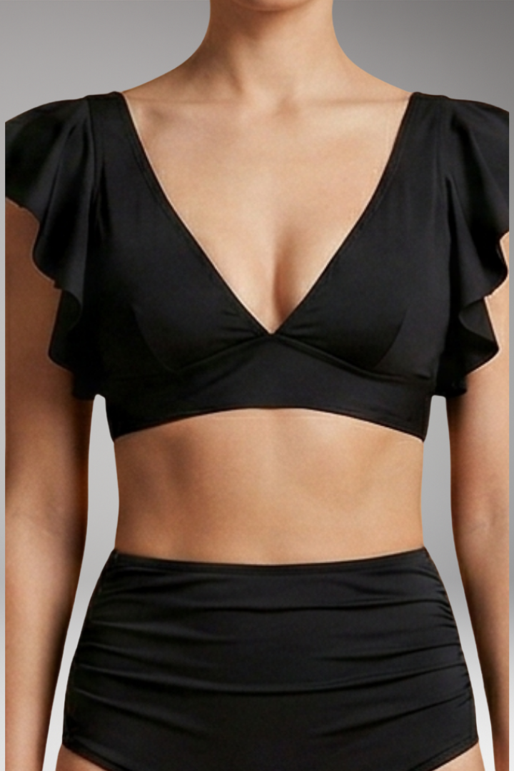 Women's Bikini Set with High-Waisted Bottoms and Ruffled Sleeves