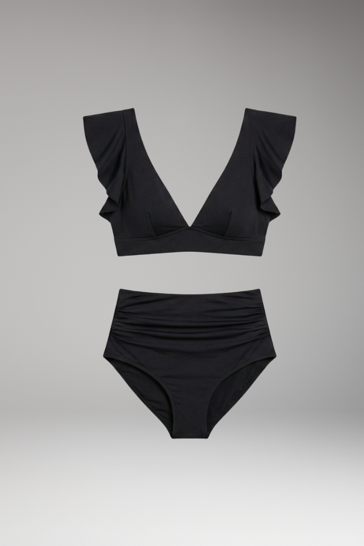 Women's Bikini Set with High-Waisted Bottoms and Ruffled Sleeves