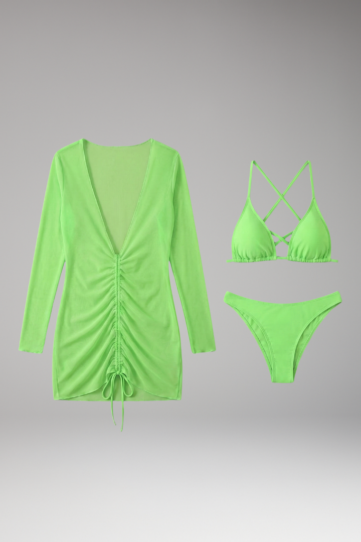 Women’s Bikini Set with Long Gauze Skirt and Crisscross Straps