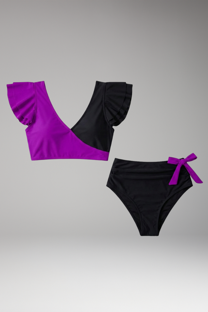 Women's Bikini Set with Ruffled Sleeves and High-Waisted Bottom
