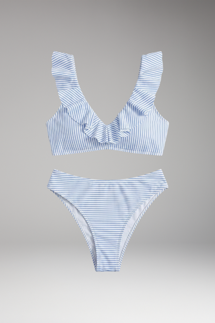 Women’s Bikini Set with Striped Design and High-Waisted Bottoms