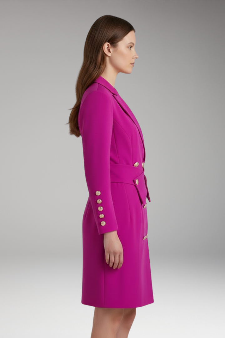Women's Blazer Dress with Pointed Lapels and Button Design