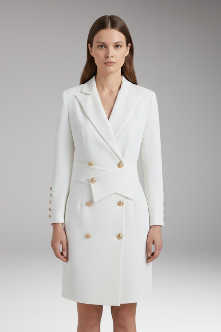 Women's Blazer Dress with Pointed Lapels and Button Design