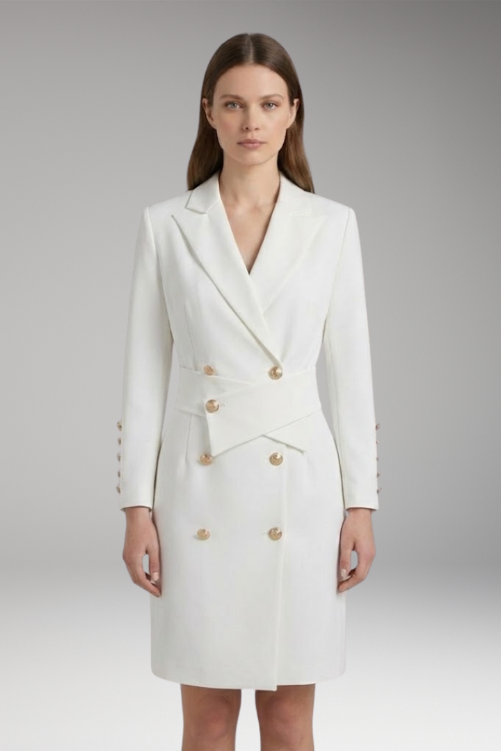 Women's Blazer Dress with Pointed Lapels and Button Design