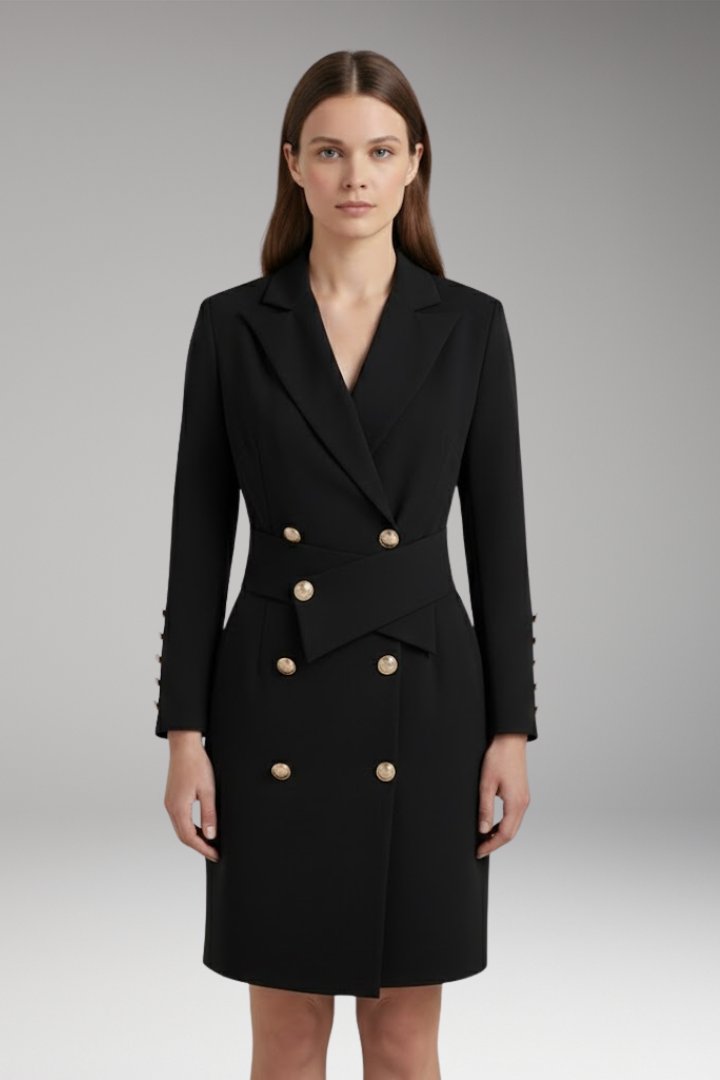 Women's Blazer Dress with Pointed Lapels and Button Design