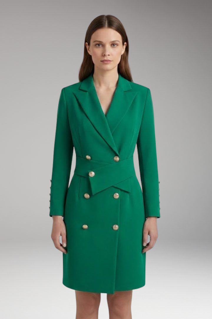 Women's Blazer Dress with Pointed Lapels and Button Design