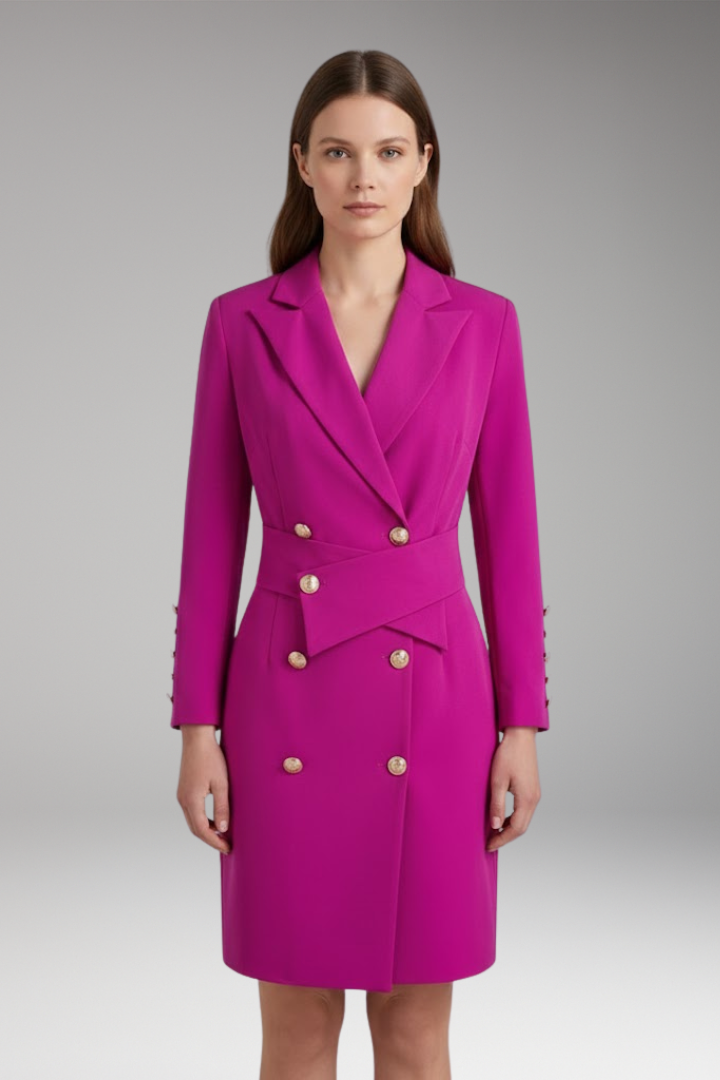 Women's Blazer Dress with Pointed Lapels and Button Design