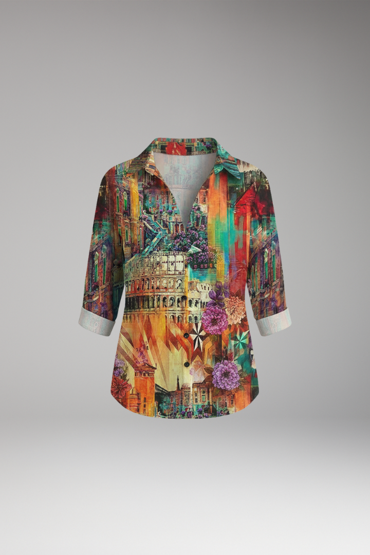 Women’s Blouse with Artistic Print and V-Neck