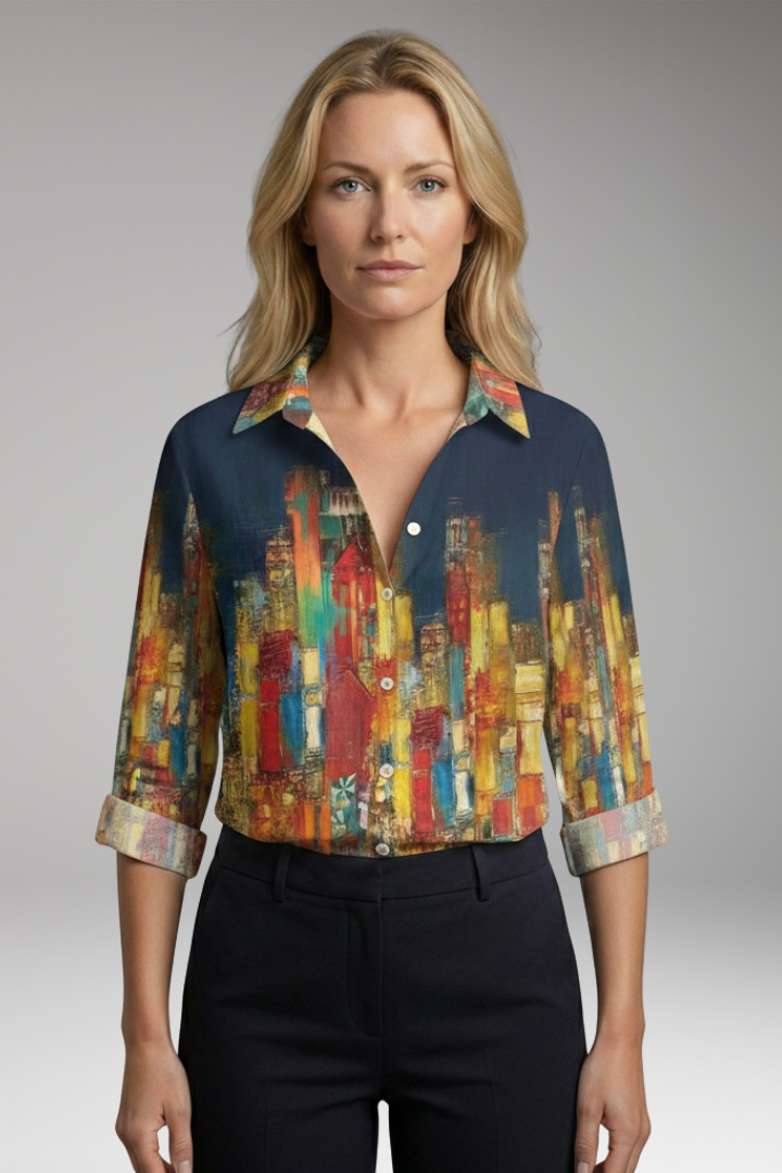 Women’s Blouse with Artistic Print and V-Neck
