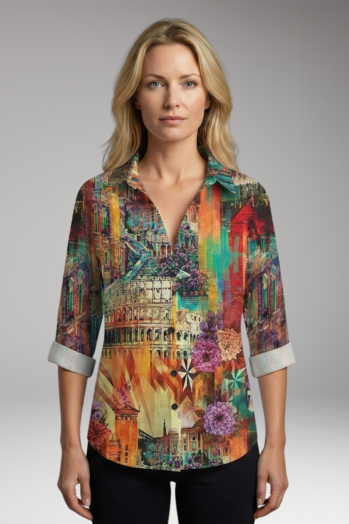 Women’s Blouse with Artistic Print and V-Neck