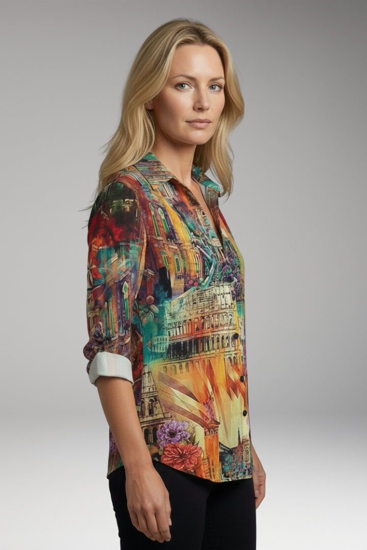 Women’s Blouse with Artistic Print and V-Neck